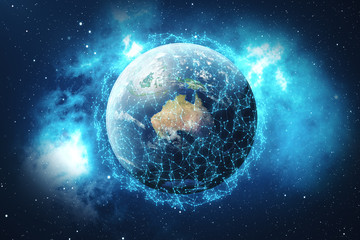 3D Rendering Global Network Background. Connection Lines with Dots Around Earth Globe. Global International Connectivity. Earth from Space With Stars and Nebula. Elements of this image furnished by