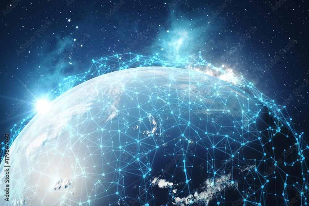 Poster 3d rendering network and data exchange over planet earth in space. connection lines around earth glo
