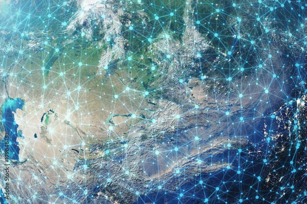 Poster 3d rendering global network background. connection lines with dots around earth globe. global intern