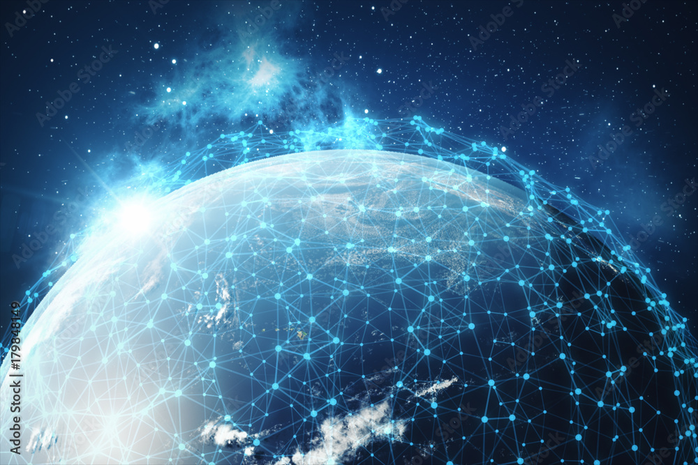 Poster 3d rendering network and data exchange over planet earth in space. connection lines around earth glo