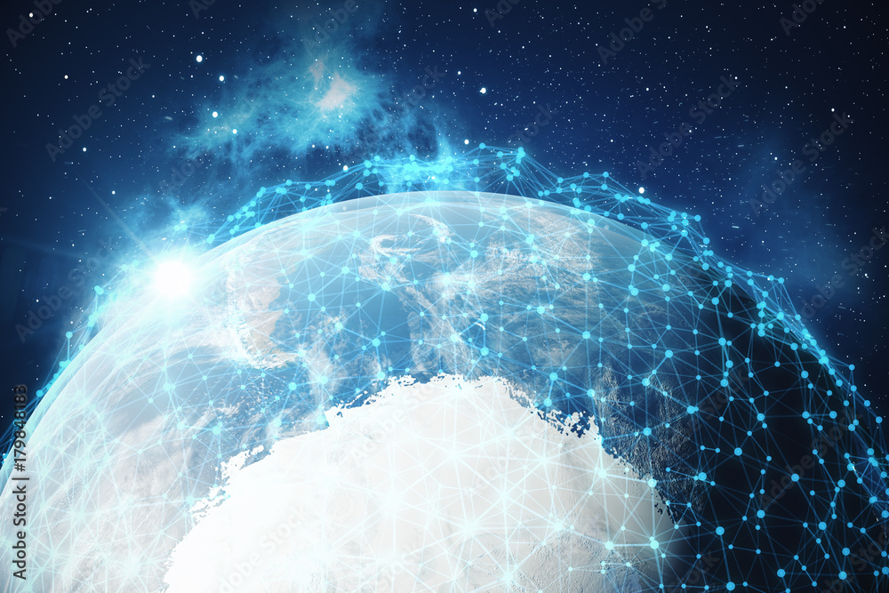 Poster 3d rendering network and data exchange over planet earth in space. connection lines around earth glo
