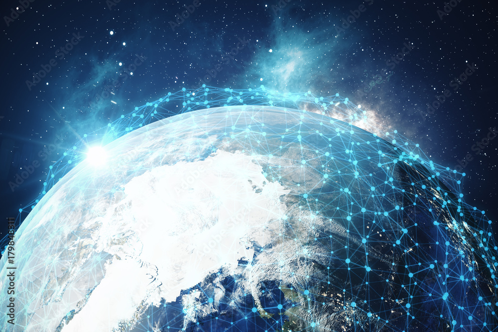 Poster 3d rendering global network and data exchange. connection lines around earth globe. global internati