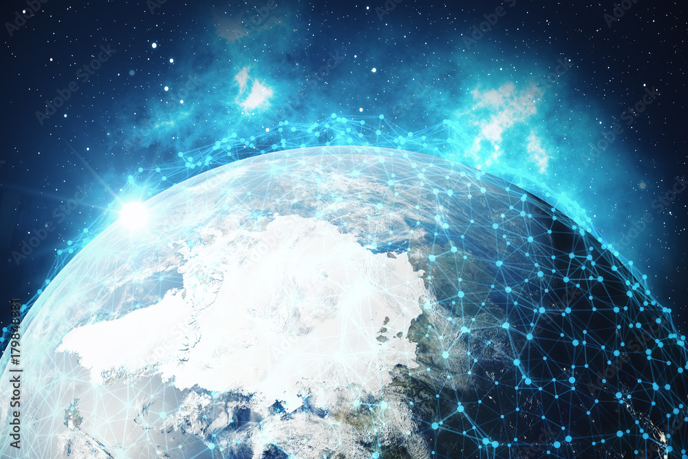 Poster 3d rendering global network and data exchange. connection lines around earth globe. global internati
