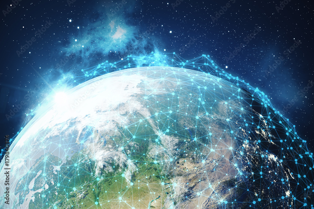 Poster 3d rendering global network and data exchange. connection lines around earth globe. global internati