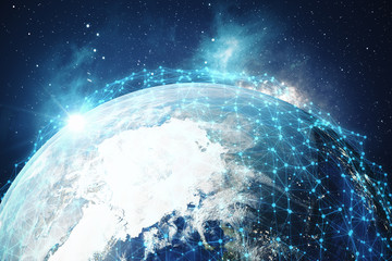 3D Rendering Global Network and Data Exchange. Connection lines Around Earth Globe. Global International Connectivity. Elements of this image furnished by NASA
