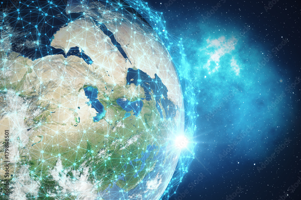 Poster 3d rendering global network and data exchange. connection lines around earth globe. global internati