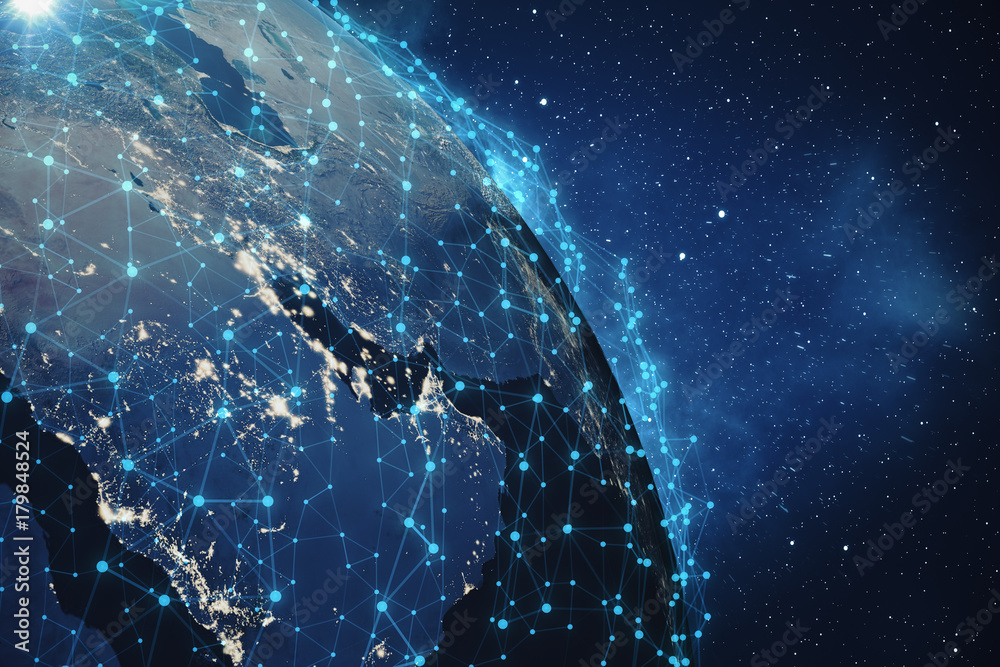 Poster 3d rendering global network background. connection lines with dots around earth globe. global intern