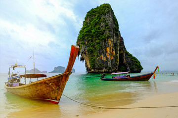 Long tail beach on the Andaman sea and beautiful beach in Krabi Province of Thailand.