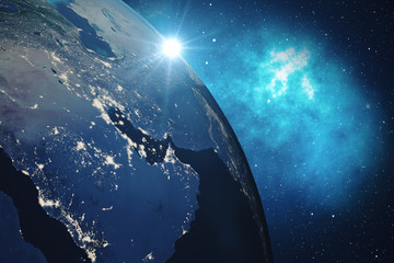 Fototapeta na wymiar 3D Rendering Global Network Background. Blue Sunrise View From Space. Global International Connectivity. Earth from Space With Stars and Nebula, Elements of this image furnished by NASA