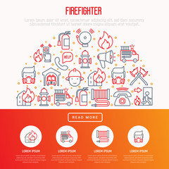 Fototapeta na wymiar Firefighter concept in half circle with thin line icons: fire, extinguisher, axes, hose, hydrant. Modern vector illustration for banner, web page, print media.