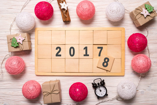 Mew Year changing 2017 2018, wooden blocks, five minutes before midnight