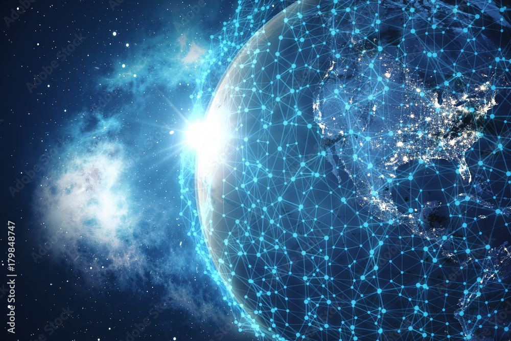 Poster 3d rendering global network background. connection lines with dots around earth globe. global intern