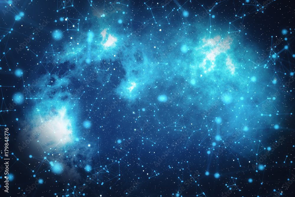 Poster 3d rendering abstract connected dots with lines. technology concept background with stars and nebula