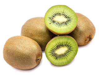 Sliced kiwi fruit (Chinese gooseberry), three whole and two halves, isolated on white background