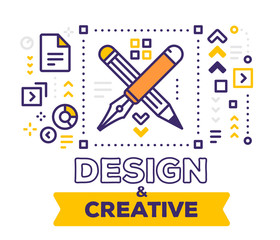 Vector illustration of crossed writing tools and icons. Design and creative concept on white background with title.