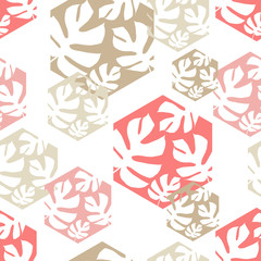 Fototapeta premium Seamless background with decorative leaves. Monstera branch leaves in the hexagon. Pattern with Palm leaves. Textile rapport.