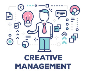 Creative management concept on white background with title. Vector illustration of a man manager with pink light bulb and icons.