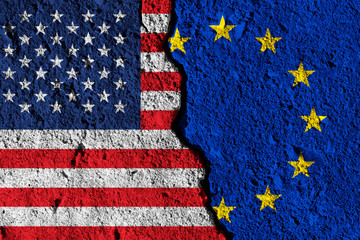 Crack between European union and USA flags. political relationship concept