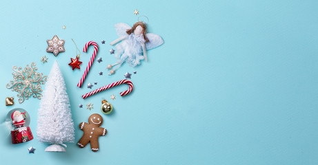 Christmas holidays ornament flat lay; Christmas card background