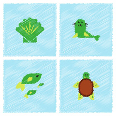 Sea animals vector stock collection in Hatching style