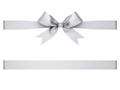 Silver gift ribbon bow isolated on white background . 3D rendering.