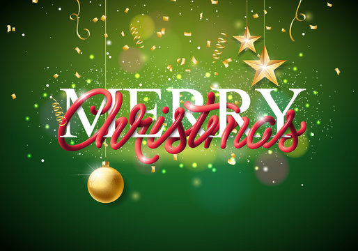 Merry Christmas Illustration with Intertwined Tube Typography Design and Gold Cutout Paper Star on Green Background. Vector Holiday EPS 10 design.