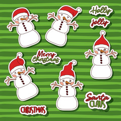 merry christmas with stickers pattern of snowman and christmas text with background green color lines