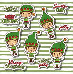 merry christmas with stickers pattern of boy gnome and christmas text with background green lines