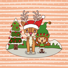 christmas card with christmas tree and reindeer and gnome girl on colorful landscape background mountains and snow falling
