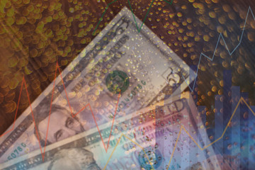 Double exposure. Statistical chart and diagram, banknotes of money dollar. Blur background image. Business concept.