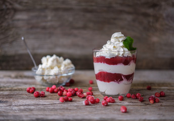 cottage cheese dessert with berry sauce in a glass beaker
