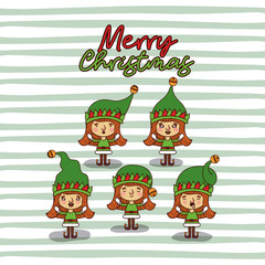 merry christmas card with set of gnome girls with background of lines