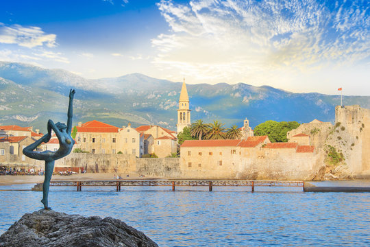 Beautiful view of the sculpture Ballerina Dancer of Budva at sunset, Budva, Montenegro