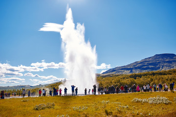 Summer in Iceland. Eruption of Strokkur Geyser in Iceland. Magnificent geyser Strokkur. Fountain Geyser throws azure water every few minutes - obrazy, fototapety, plakaty