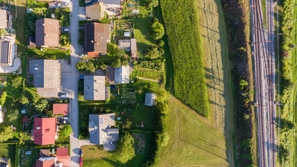 Drop down view of houses in rural environment.