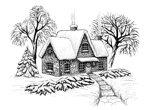 Winter christmas landscape with house, trees and fir in the snow. Engraving vintage style.