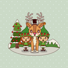 christmas card with christmas tree and gnome kids and reindeer on colorful landscape background mountains and snow falling in backdrop