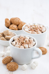 two cups of flavored cocoa with marshmallow on white table, vertical