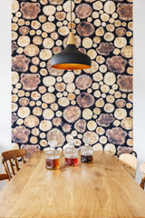 Counter with decanters and wallpaper