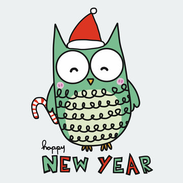 Cute owl and red Santa hat happy new year cartoon vector illustration doodle style