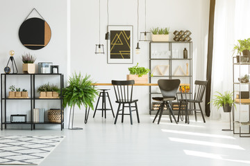 Four lampshades above table