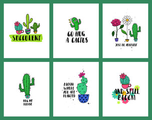 Set Of Funny Cacti Cards And Lettering.