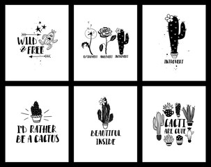 Graphic Set Of Funny Cacti Cards And Lettering.