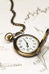 retro pocket watch on stock market chart