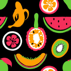 Brush Grunge Exotic Fruits Seamless Pattern.