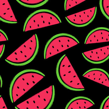 Brush Grunge Watermelon Fruits Seamless Pattern.