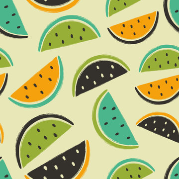 Brush Grunge Watermelon Fruits Seamless Pattern.