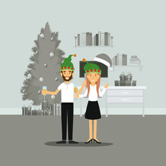 couple in formal clothes celebrating christmas with champagne and him with beard and both of them with green christmas hat on colorful scene in home