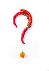 Question made with chillies on a white background
