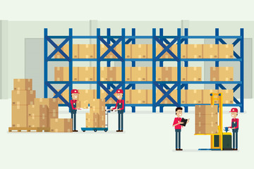 Transportation warehouse and logistic with workers cargo box illustration vector - obrazy, fototapety, plakaty